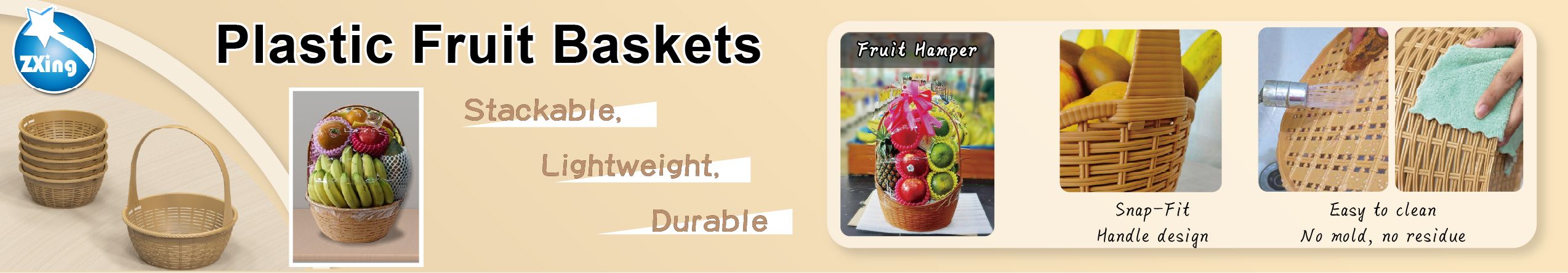 Stackable plastic fruit baskets with snap fit handles for gift hampers and retail displays