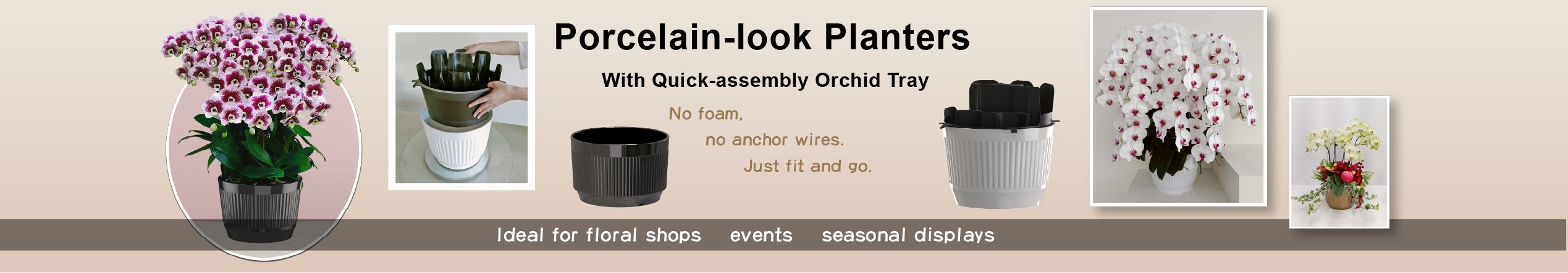 Quick assembly orchid tray with porcelain look plastic planters for no foam arrangements